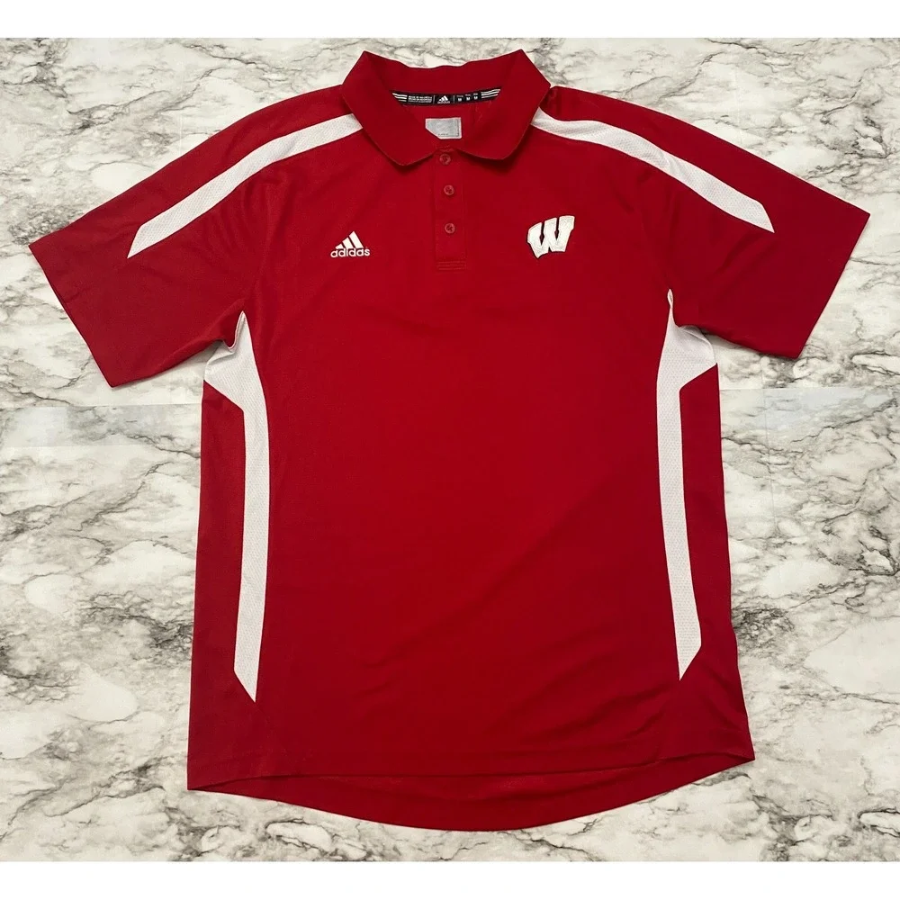 ADIDAS CLIMALITE Wisconsin Badgers Mens Polo Shirt M Red Football‎ Short Sleeve